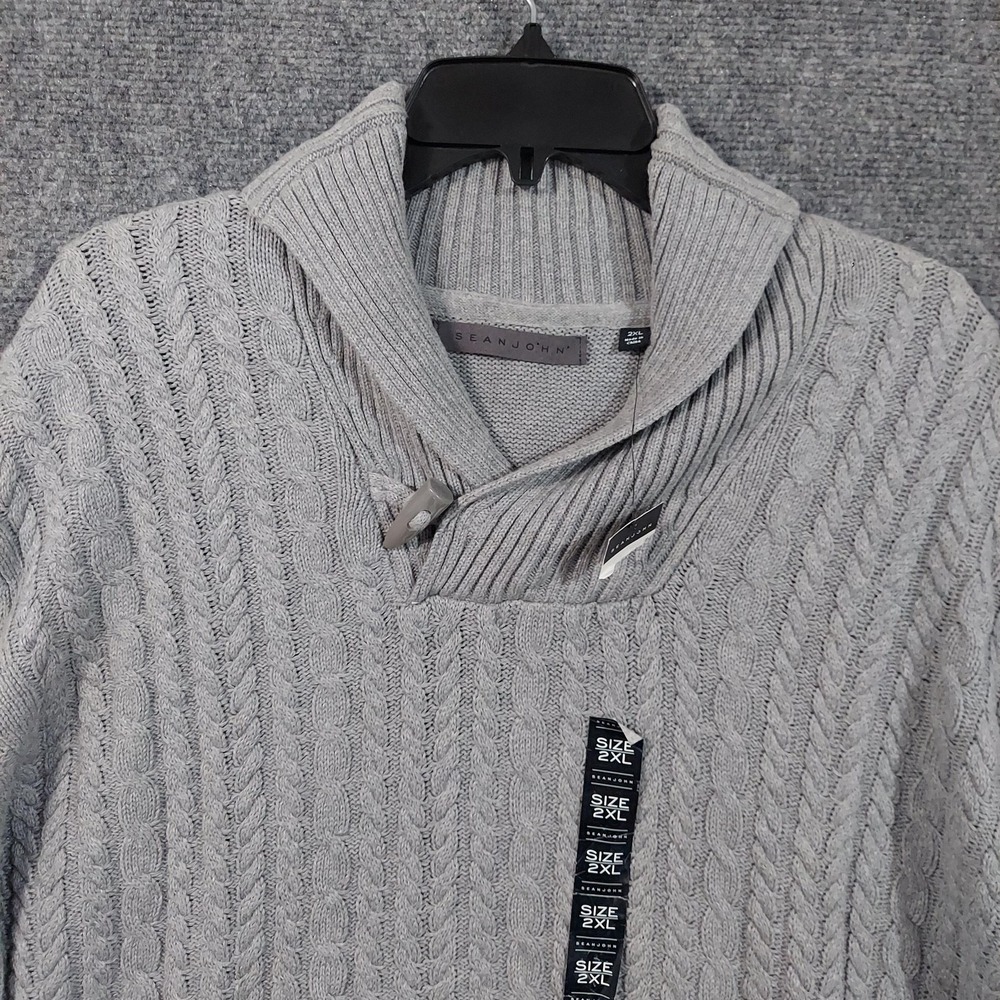 Sean John Sweater Mens 2XL Gray‎ Cable Knit Ribbed Shawl Collar Toggle Pullover